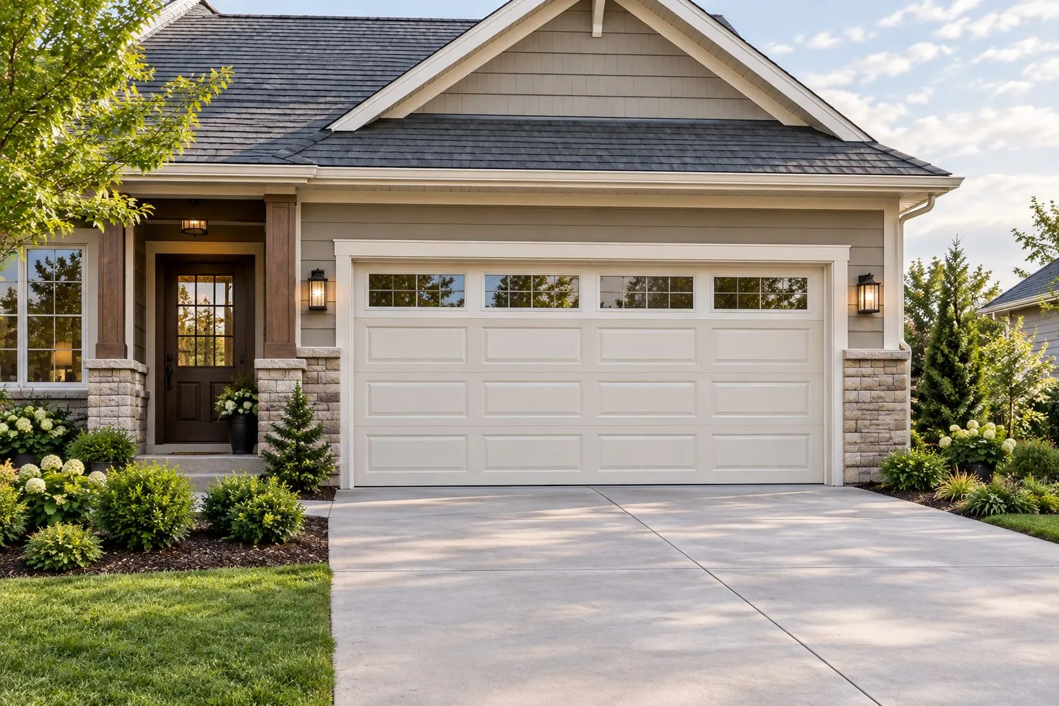 Residential facade with garage door, entry, windows and roofline