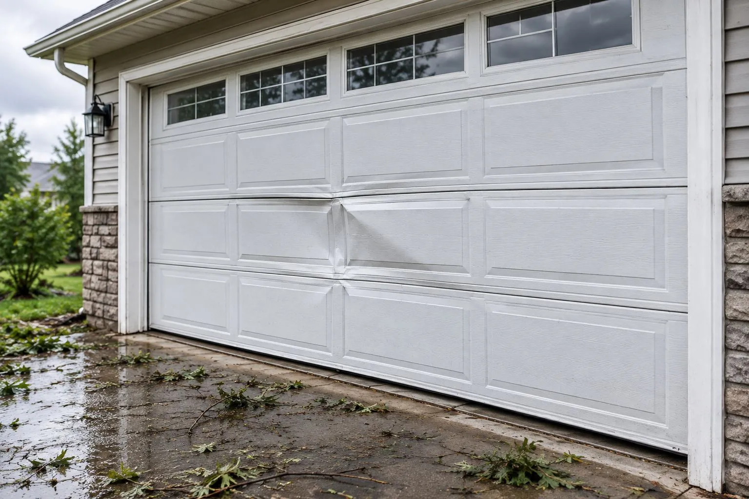 Illustrative storm-damaged garage door with a creased section