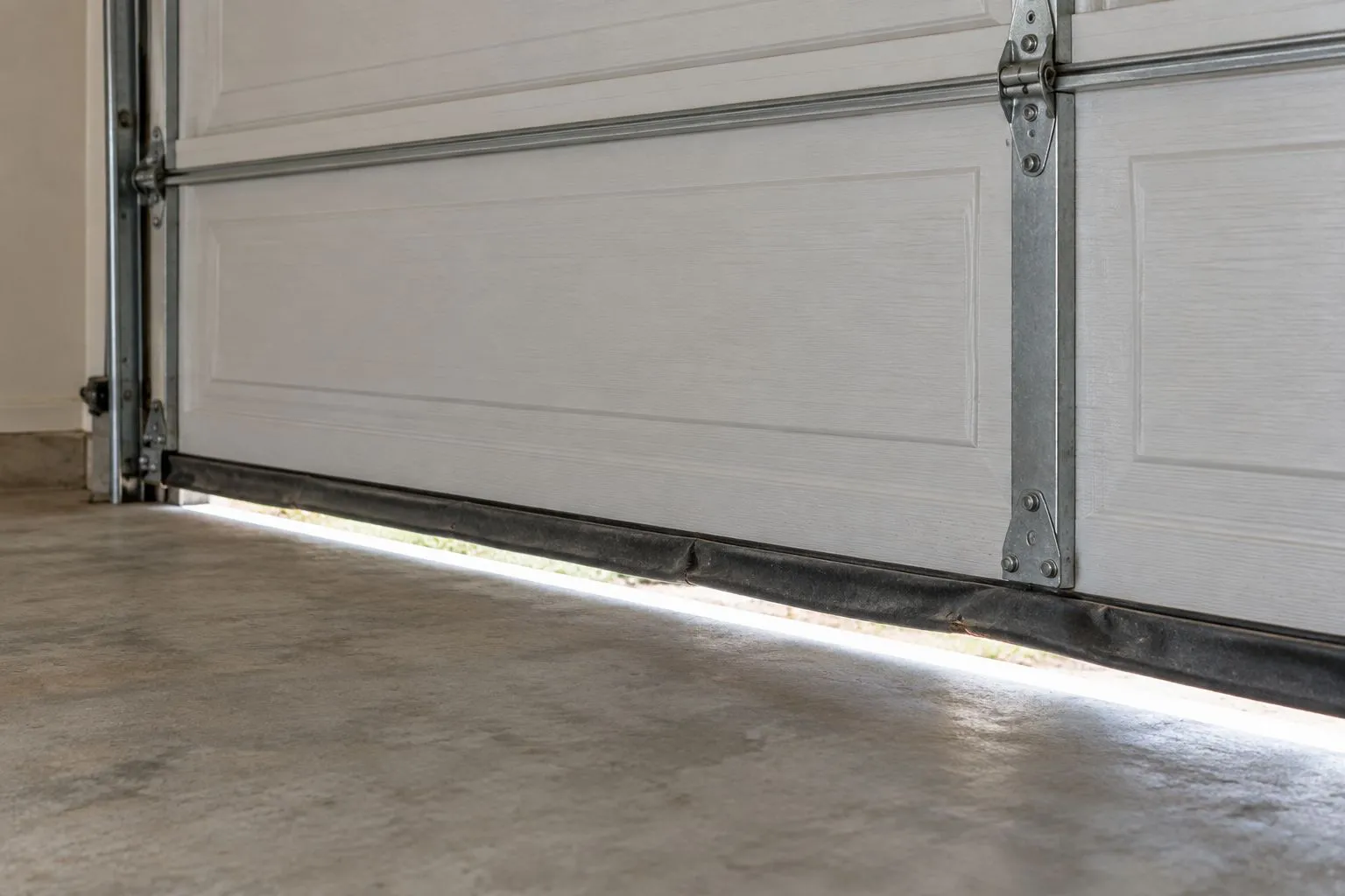 Worn bottom weather seal with daylight visible under a garage door
