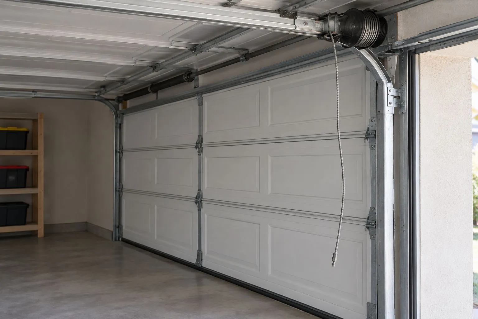 Illustrative garage door with a loose cable beside the side track