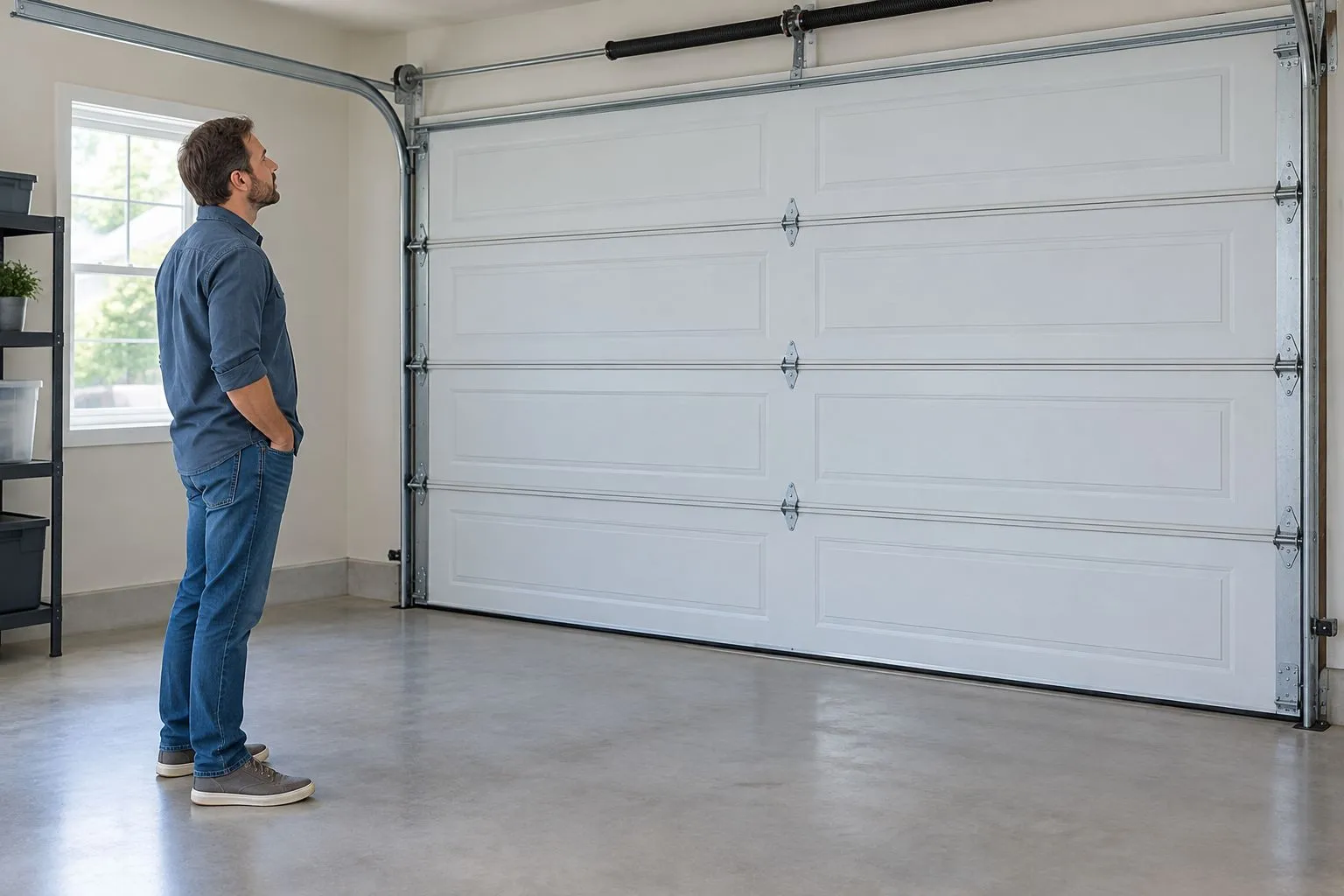 Homeowner observing a closed garage door from the side without touching hardware