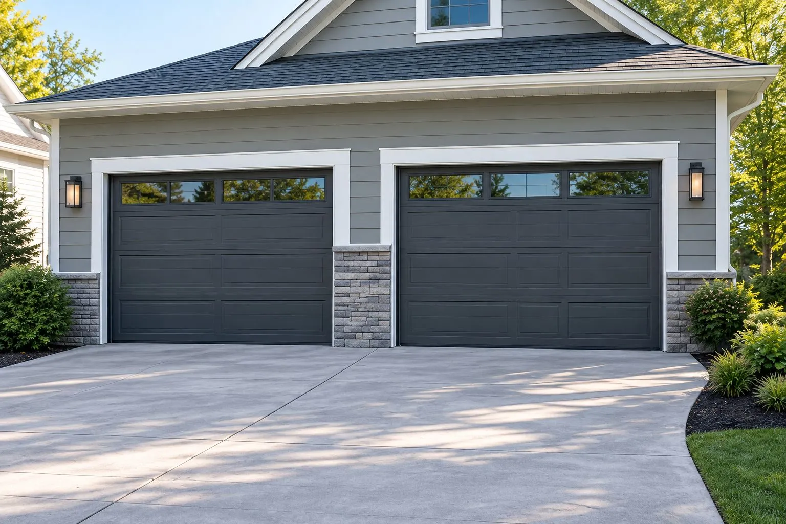 Two closed garage doors separated by a center pier