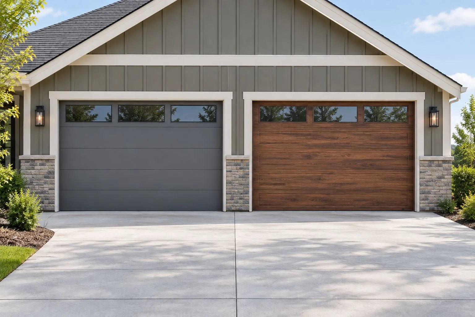 Painted steel and natural wood garage doors with different textures