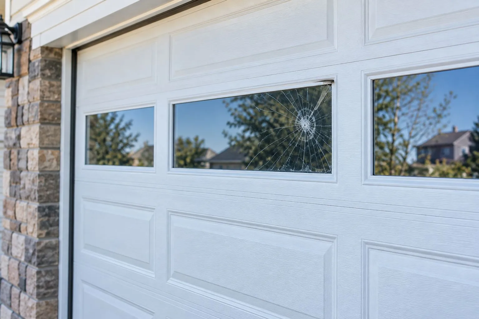 Cracked garage door window with a displaced retaining edge