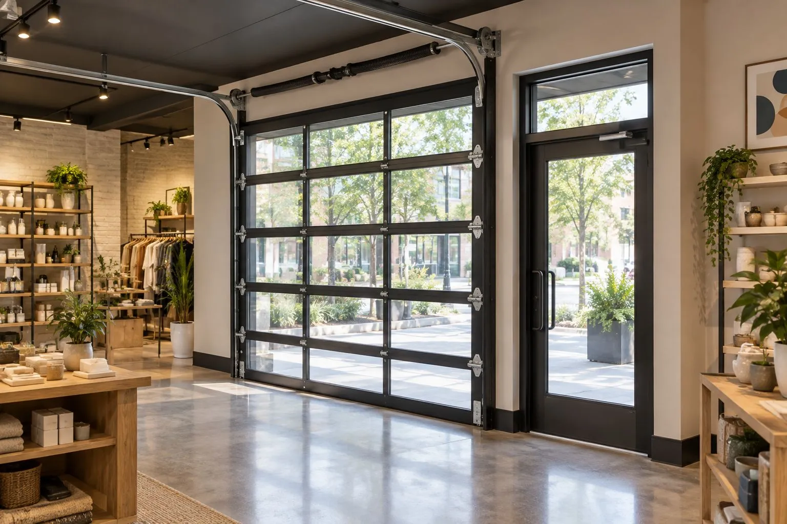 Retail space with a glazed overhead door and a separate entrance