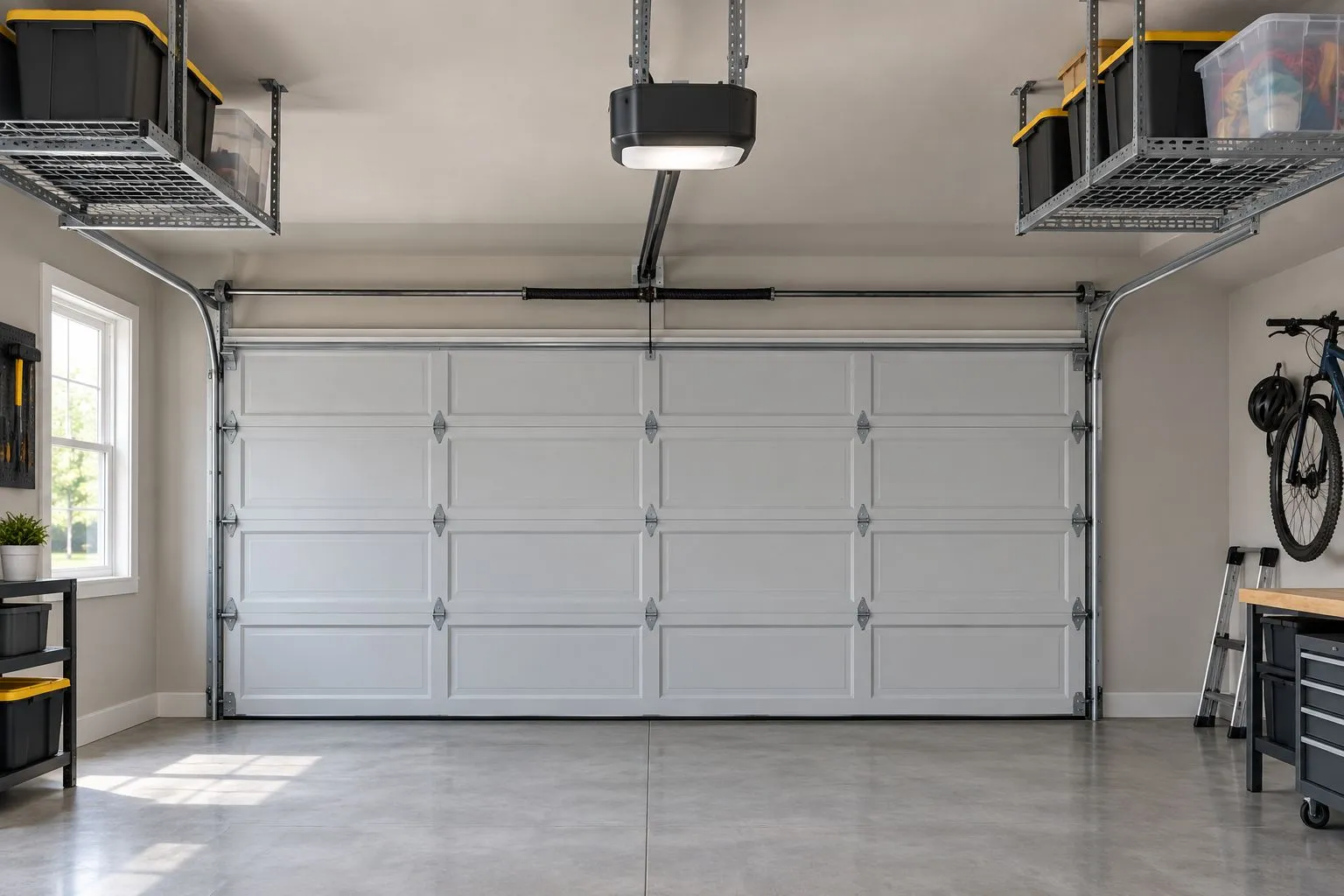 Illustrative garage with a ceiling-mounted opener and overhead space