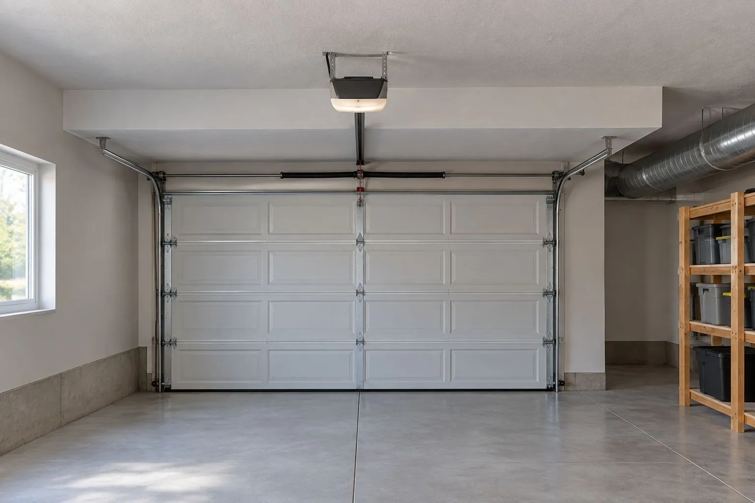 Low-ceiling garage with a sectional door, overhead beam and duct