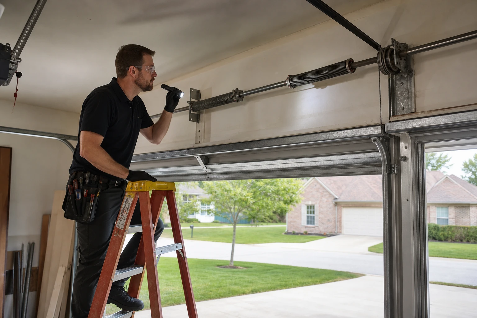 Technician on a ladder inspecting the torsion spring and track