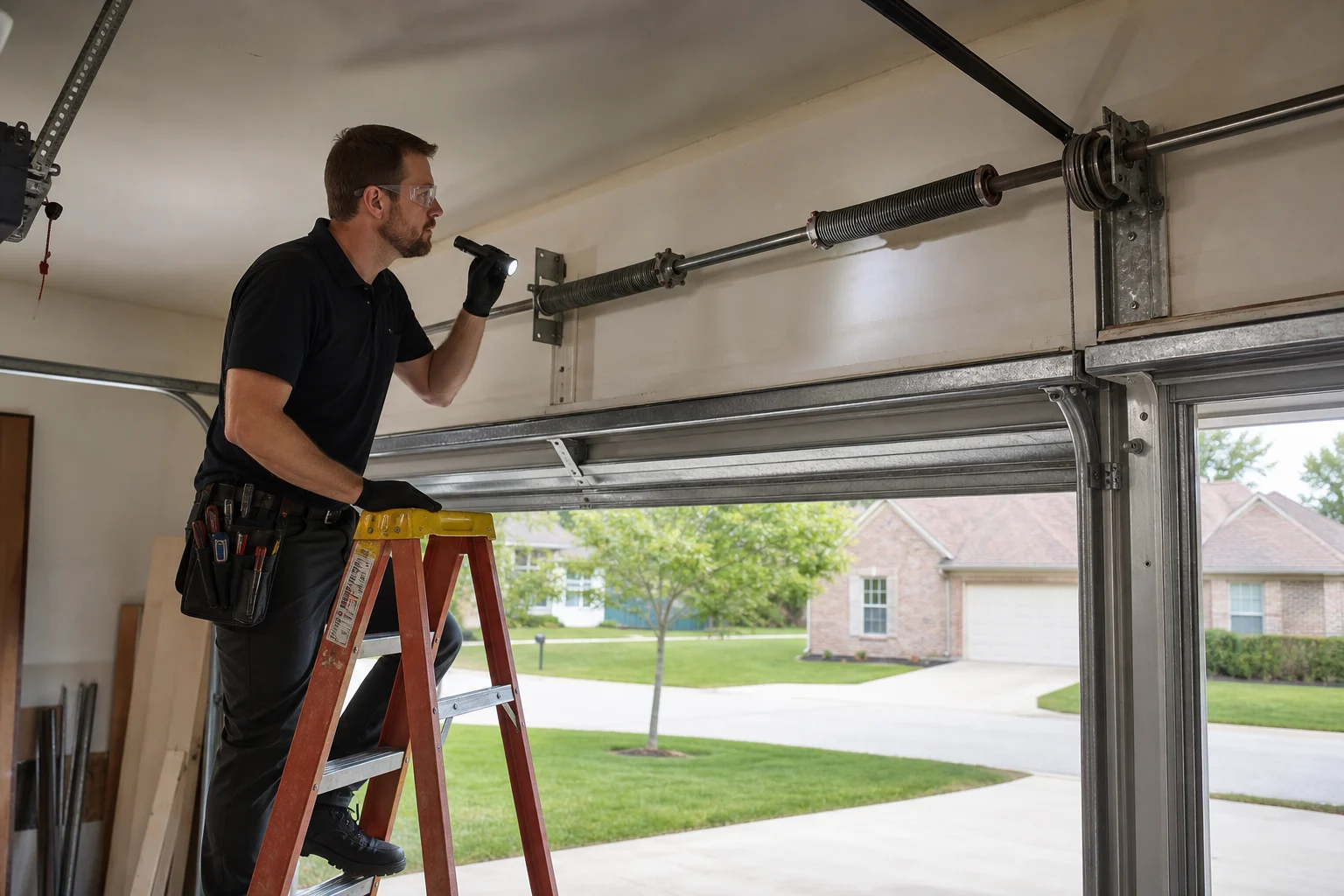 Technician on a ladder inspecting garage door springs and track