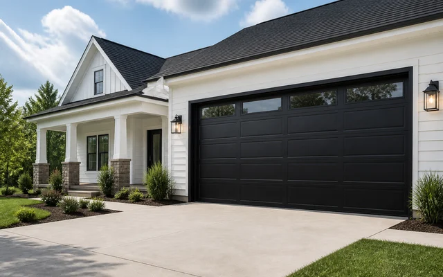 Black raised-panel garage door with a top window row on a white home