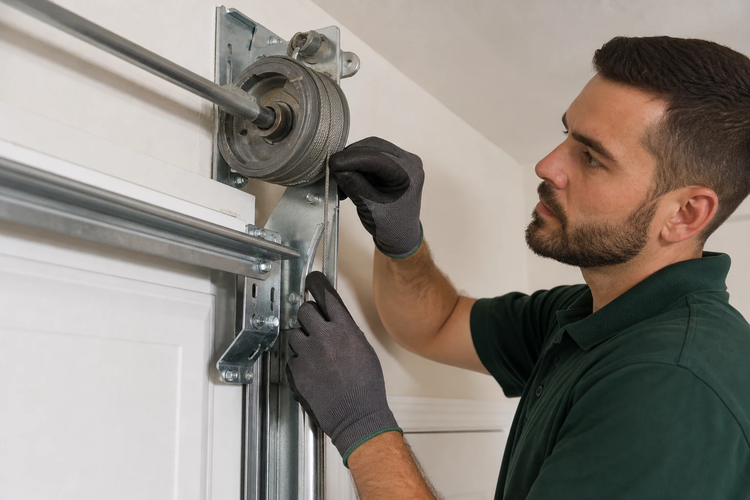 Garage door lift cable and drum inspected during repair
