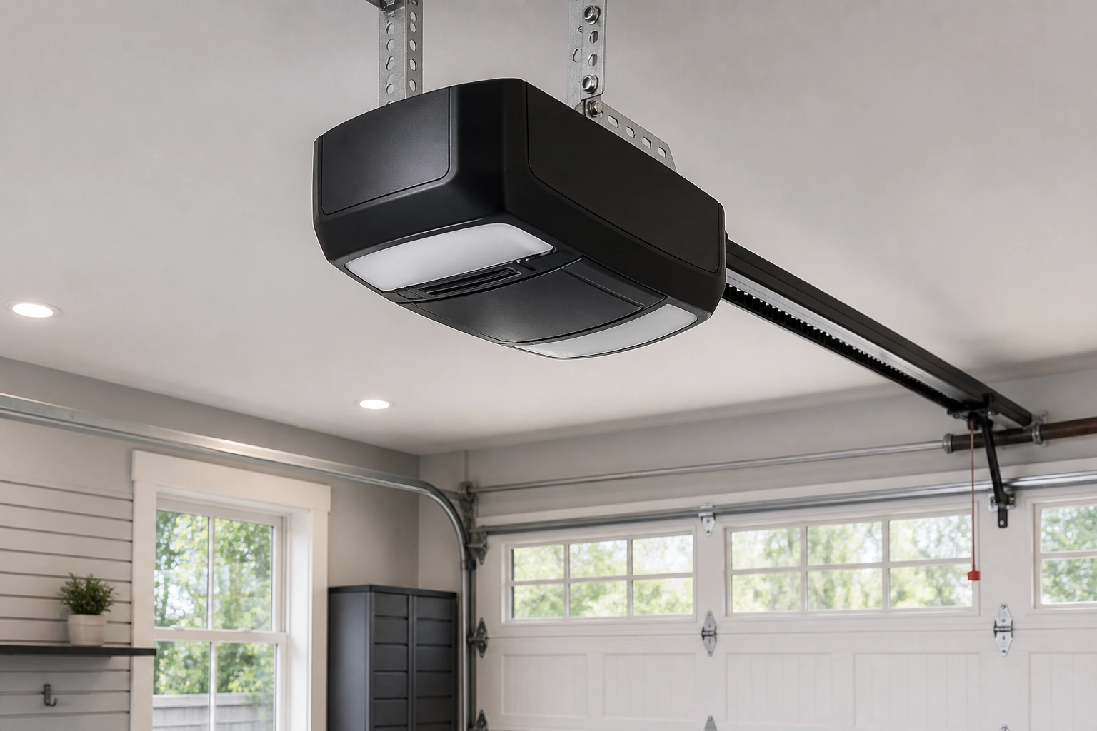 Quiet belt-drive garage door opener installed in a residential garage