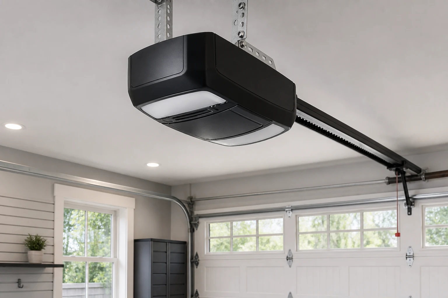 Quiet belt-drive garage door opener installed in a residential garage