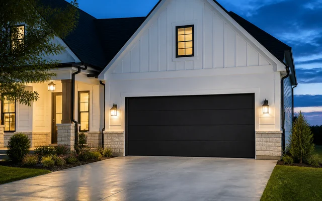 Smooth black sectional garage door on a white home at dusk