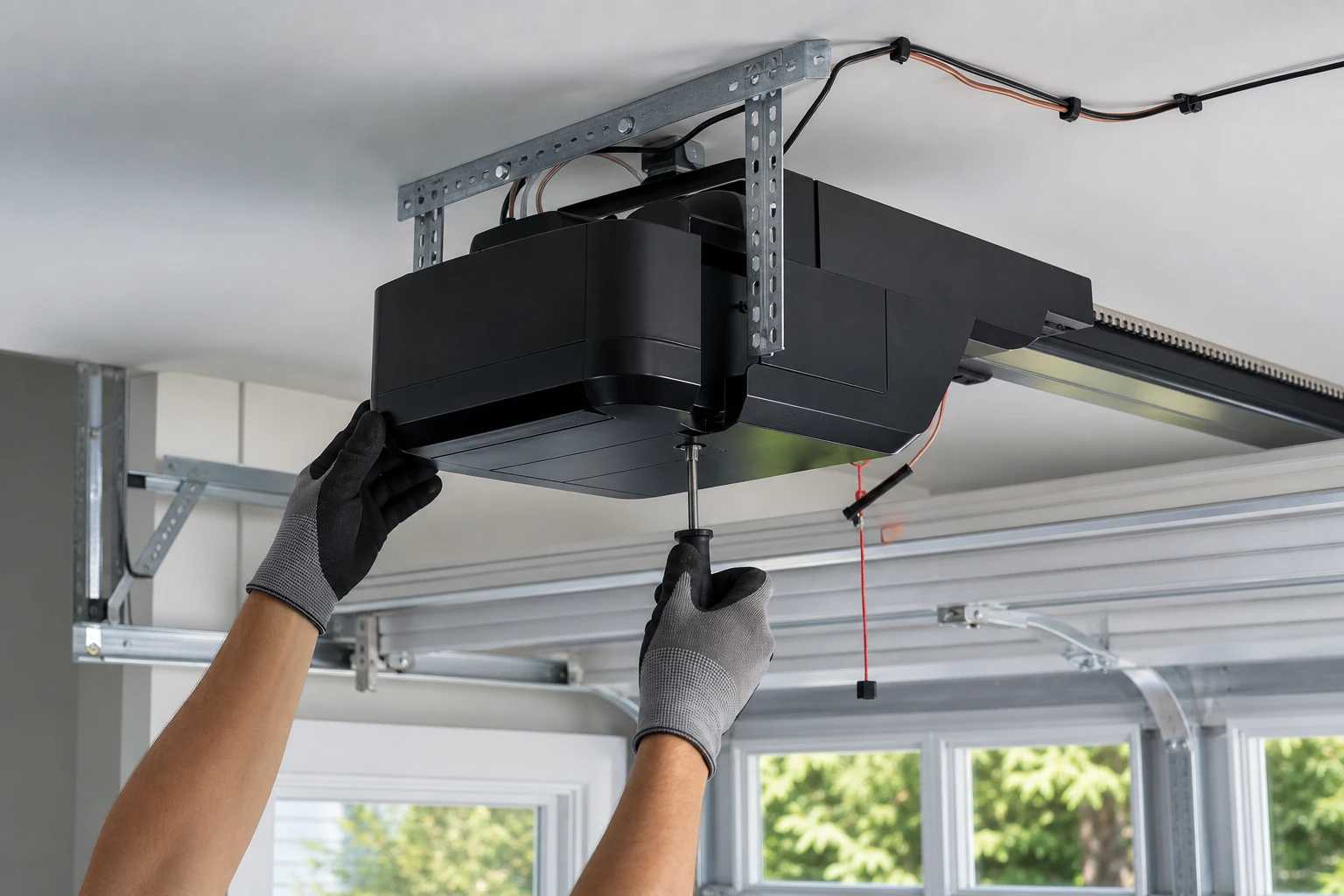 Technician servicing the internal components of a garage door opener