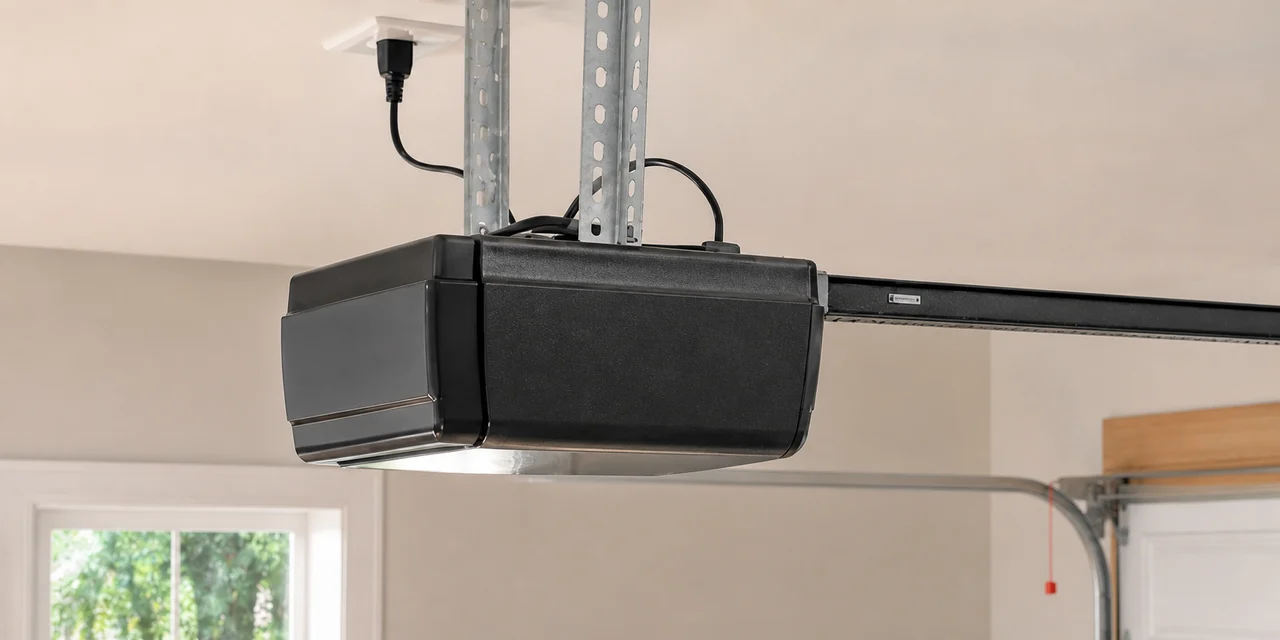 Ceiling-mounted garage door opener, rail, and drive arm