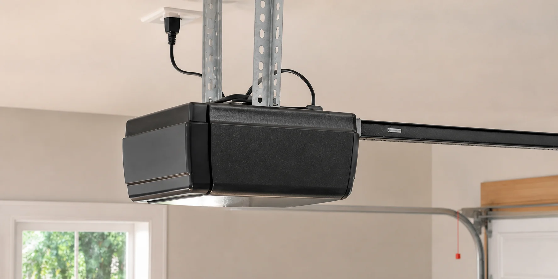 Ceiling-mounted garage door opener with rail and power connection