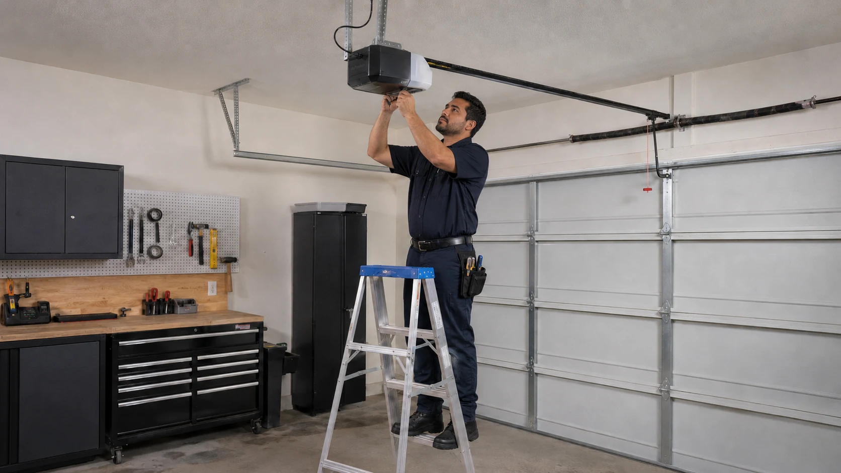 Technician on a ladder servicing a ceiling-mounted opener