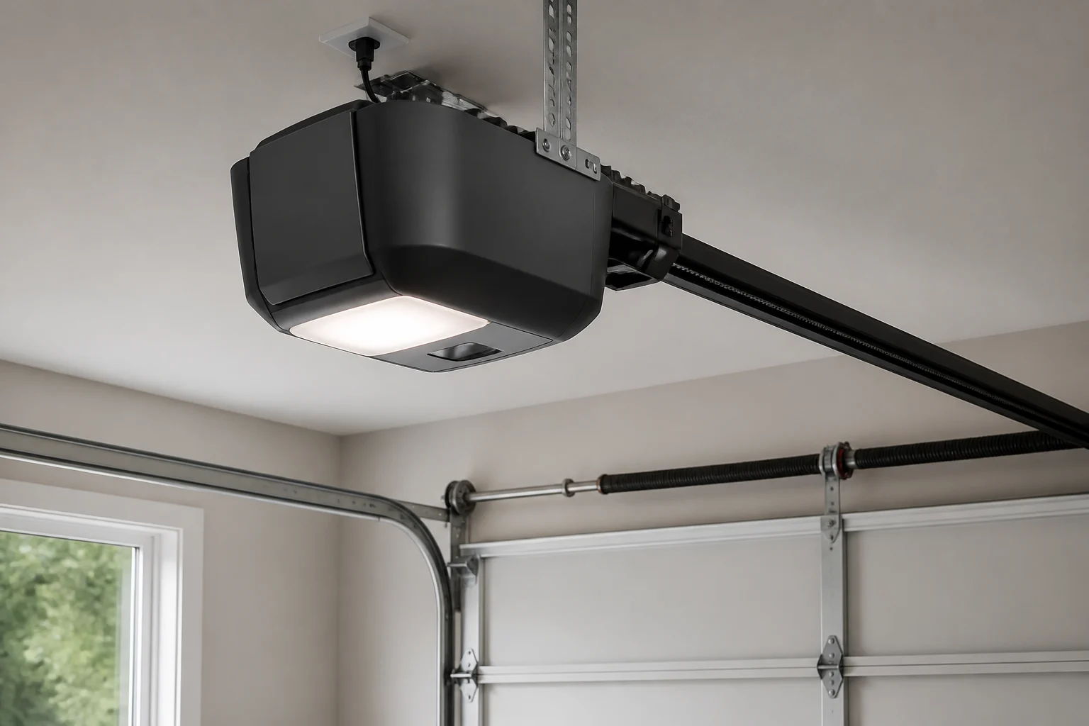 Residential screw-drive garage door opener and rail