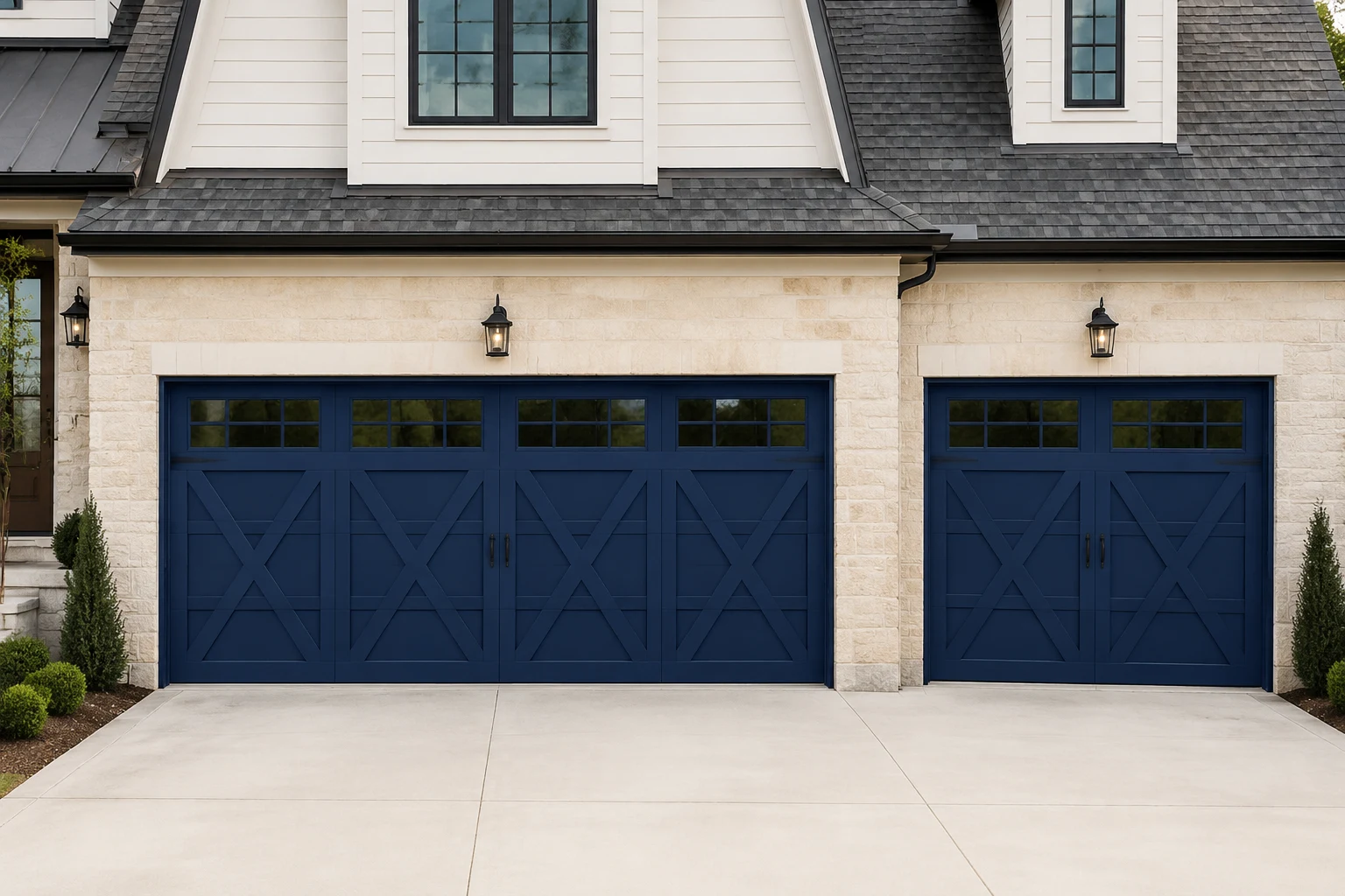 Blue overlay carriage house garage door with crossbuck trim