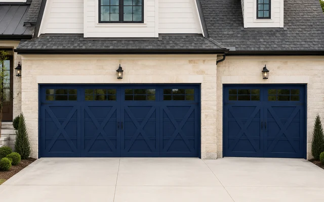 Navy carriage-house garage doors with windows on a cream stone home