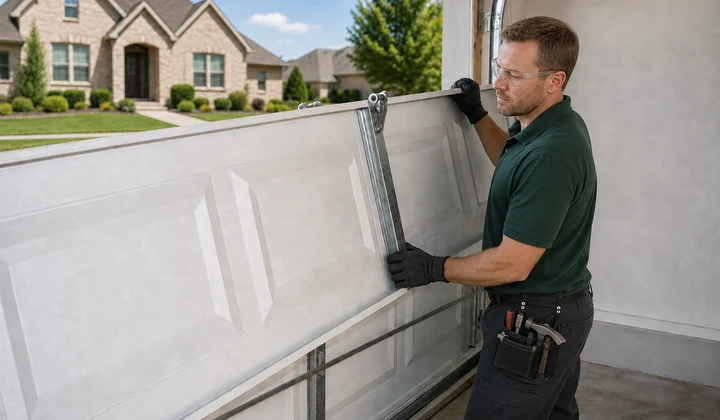 Technician evaluating a replacement garage door panel