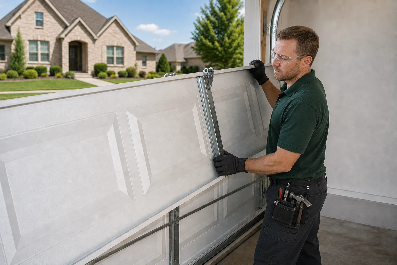 Technician inspecting and supporting a white sectional door panel