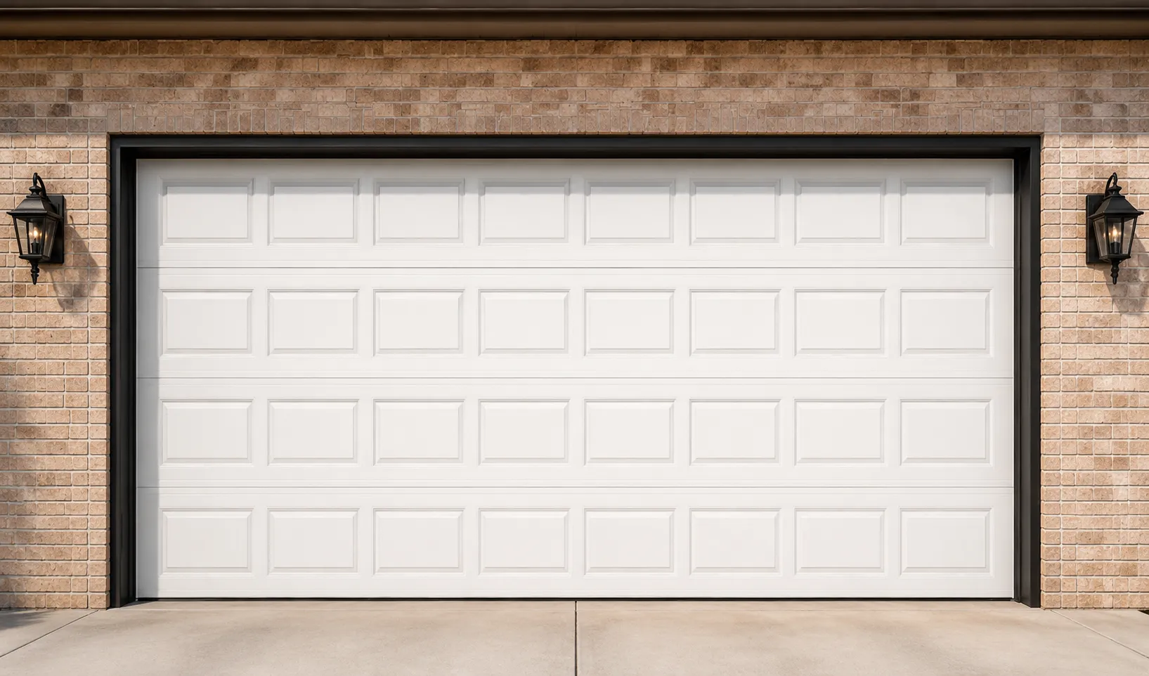 White raised-panel steel garage door installed on a brick garage
