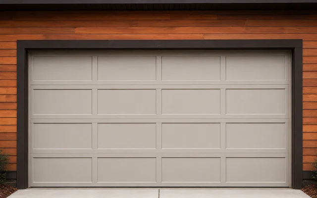 Greige long-panel steel garage door framed by wood siding