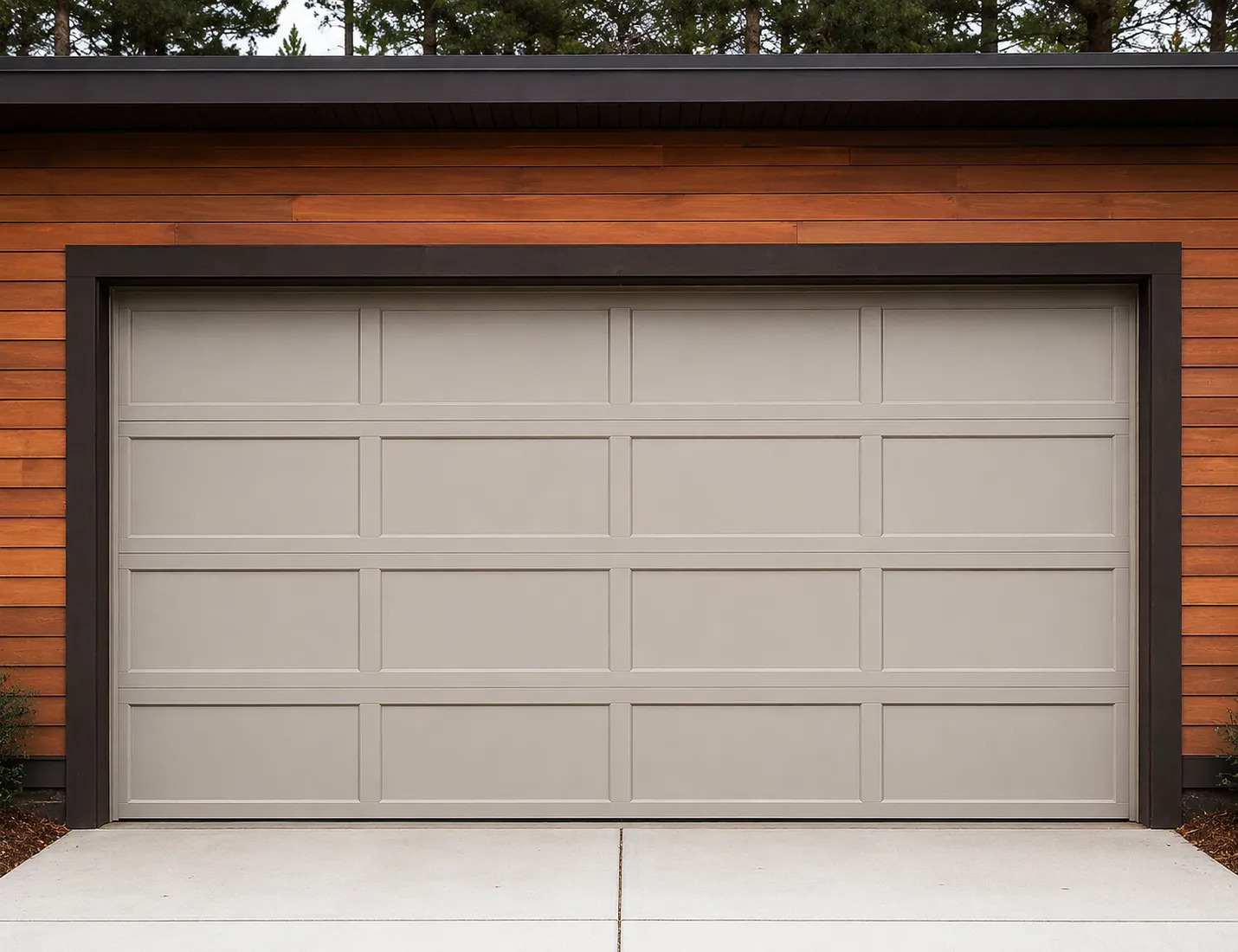 Light gray recessed long-panel steel garage door on a wood-sided home
