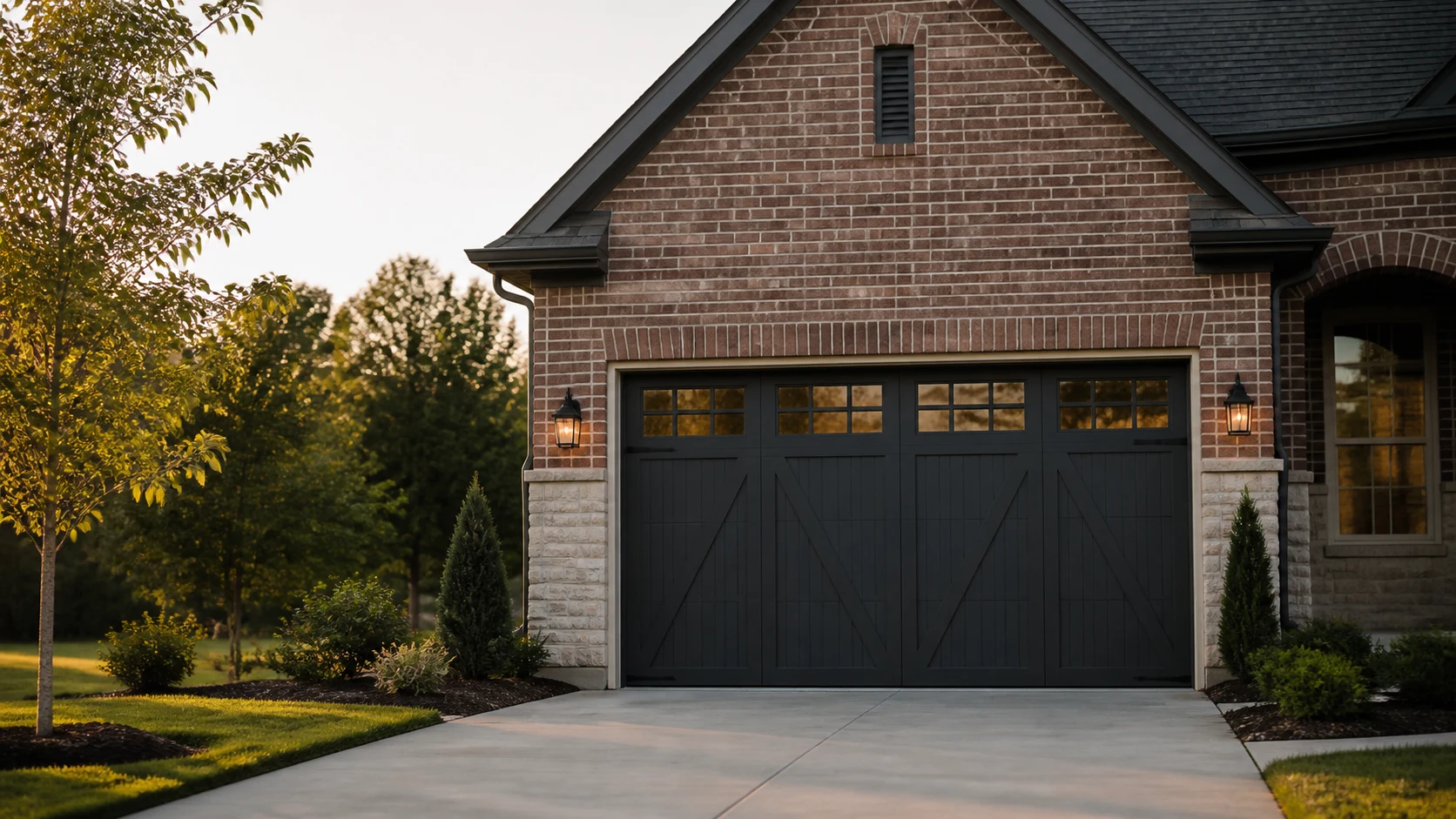 Charcoal garage door on a brick Kentucky home at golden hour