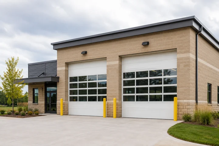 Service building with full-view glass bay doors and yellow bollards