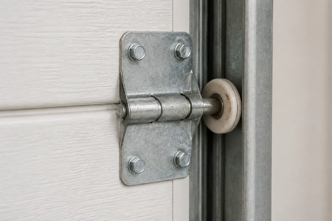 Close-up of a garage door roller, hinge, and steel track