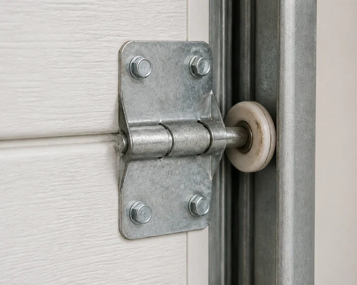 Technician checking garage door roller and hinge hardware