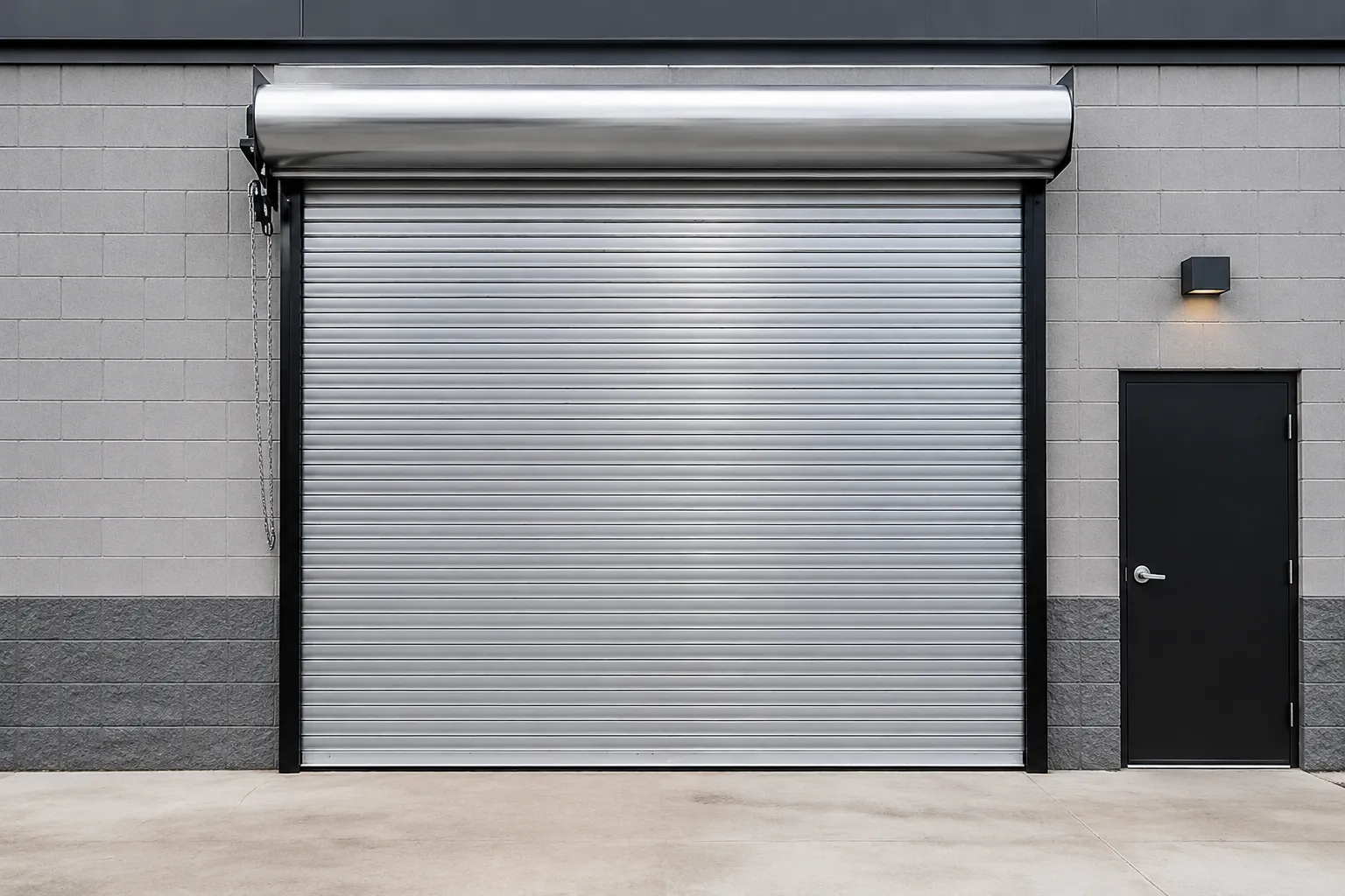 Silver rolling steel commercial door with an overhead coil hood