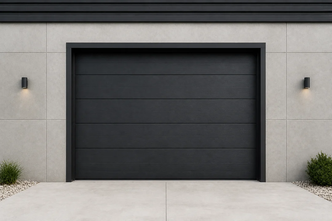 Open insulated commercial sectional door above a loading bay