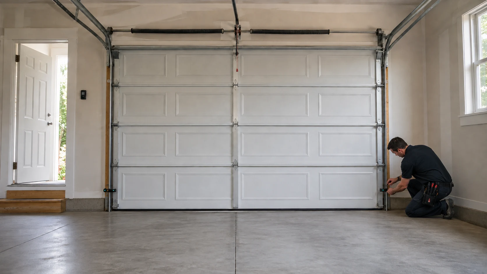 Technician testing a safety sensor near the bottom of a garage door