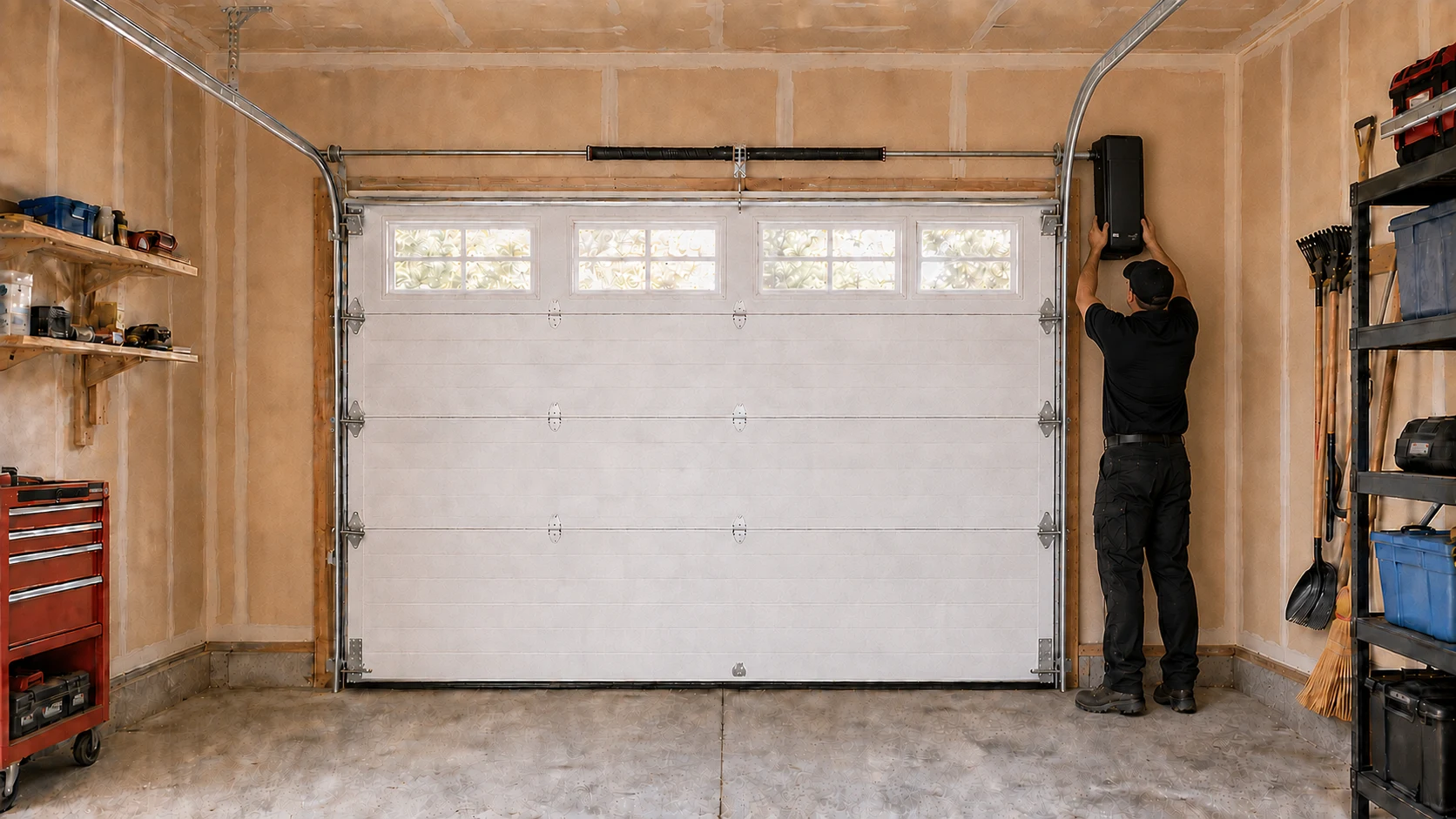 Technician installing a wall-mount opener beside a torsion shaft