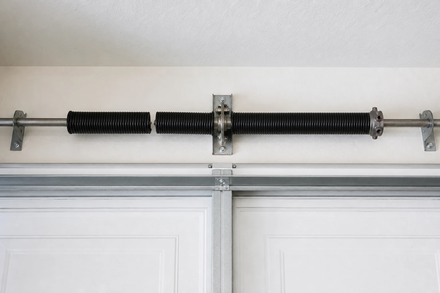Torsion spring assembly and shaft above a residential garage door