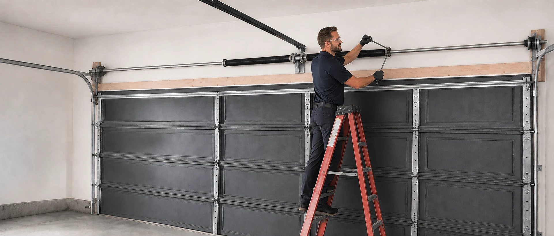 Technician servicing a torsion spring above a black sectional door