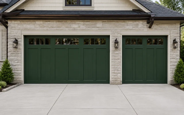 Forest-green carriage-style garage doors with arched top windows