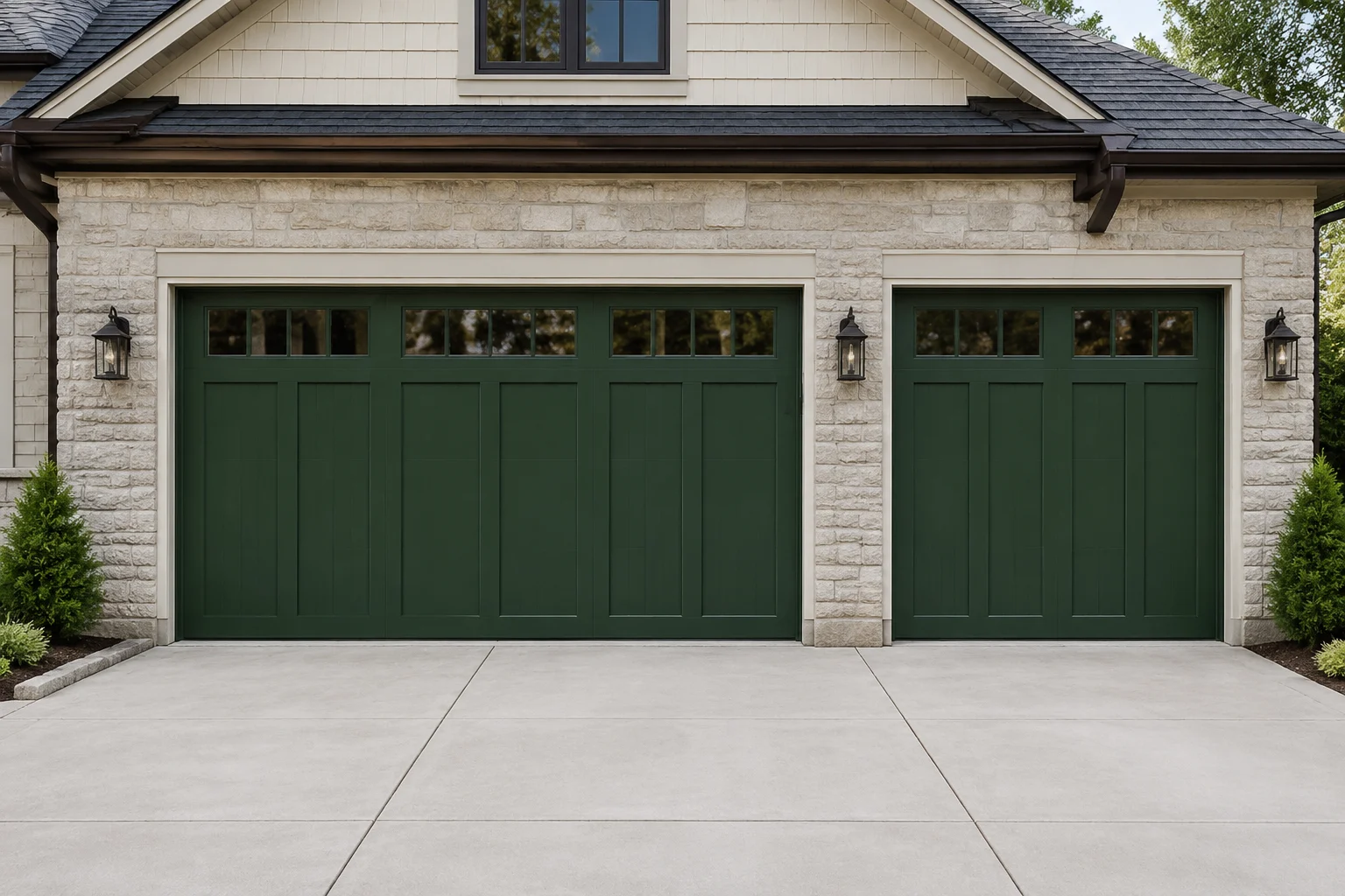 Stamped steel carriage house garage door in a deep green finish