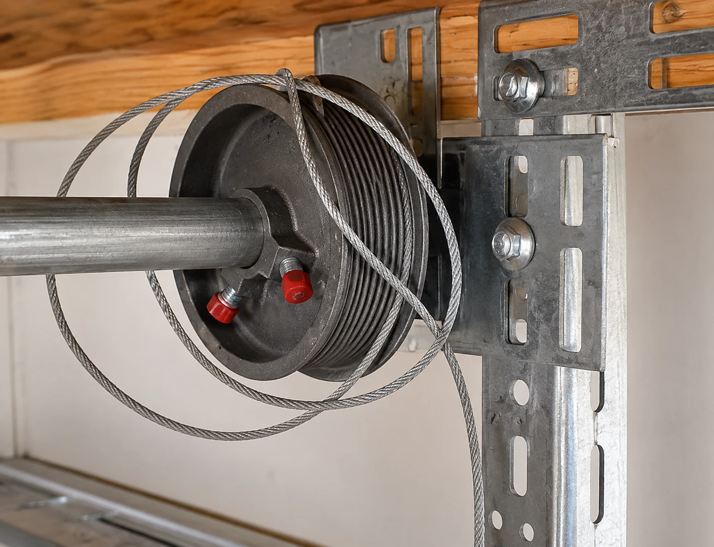 Garage door lift cable tangled around a cable drum before service