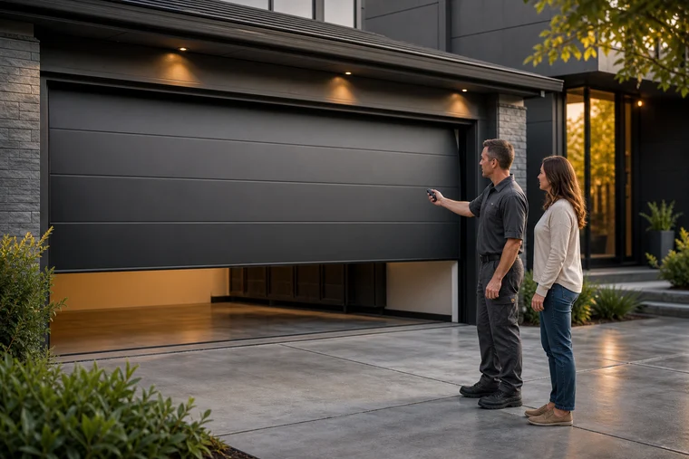 Technician demonstrating completed door operation to a homeowner