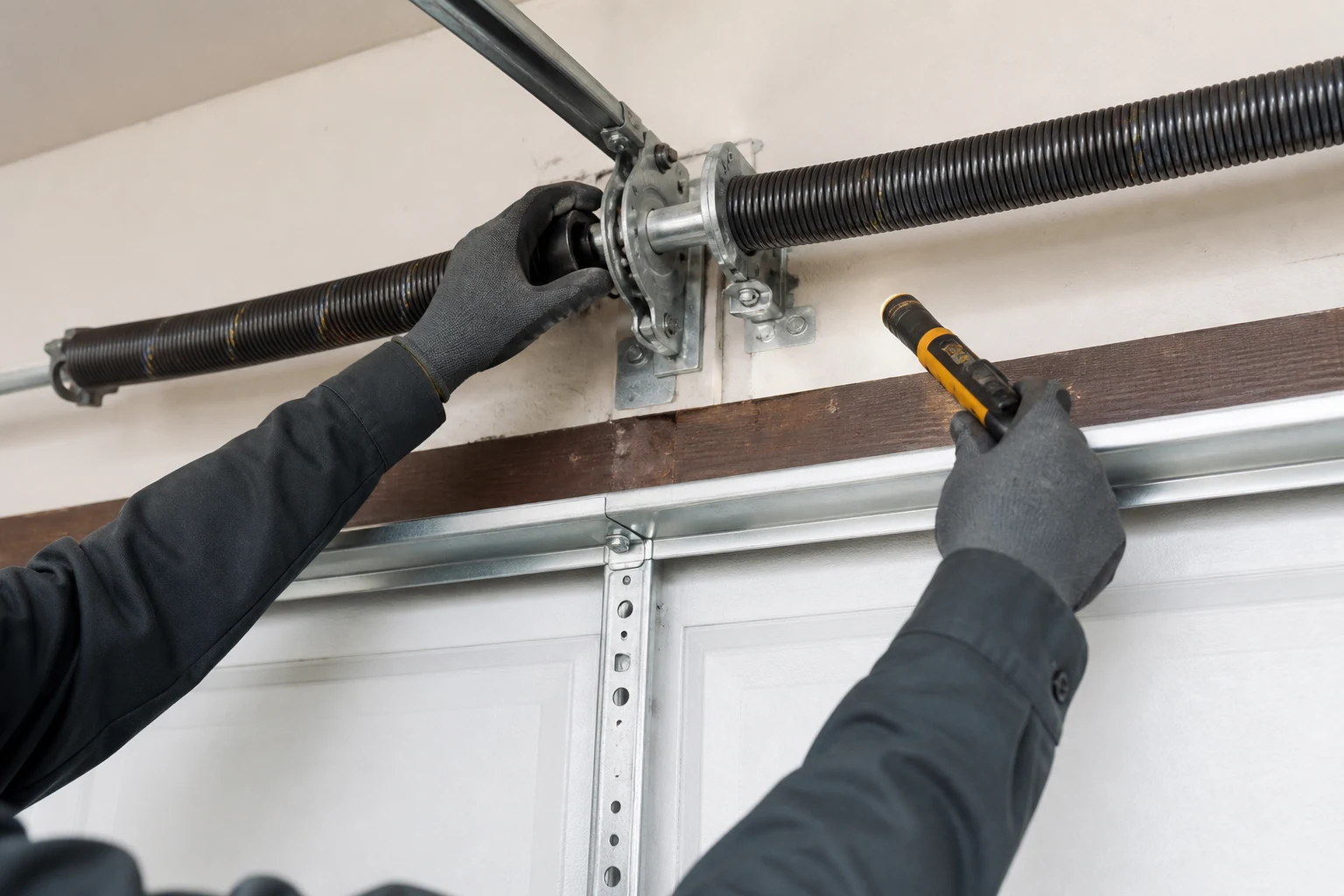 Technician inspecting a garage door torsion spring assembly