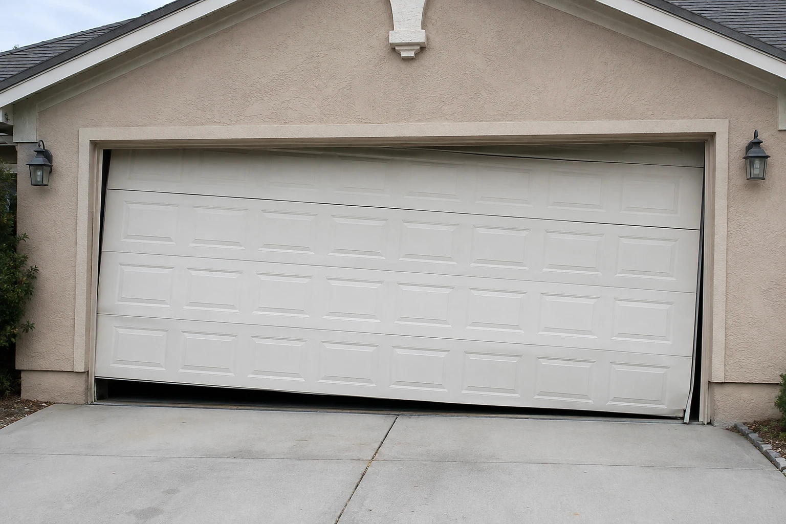 White garage door hanging crooked and off track before repair