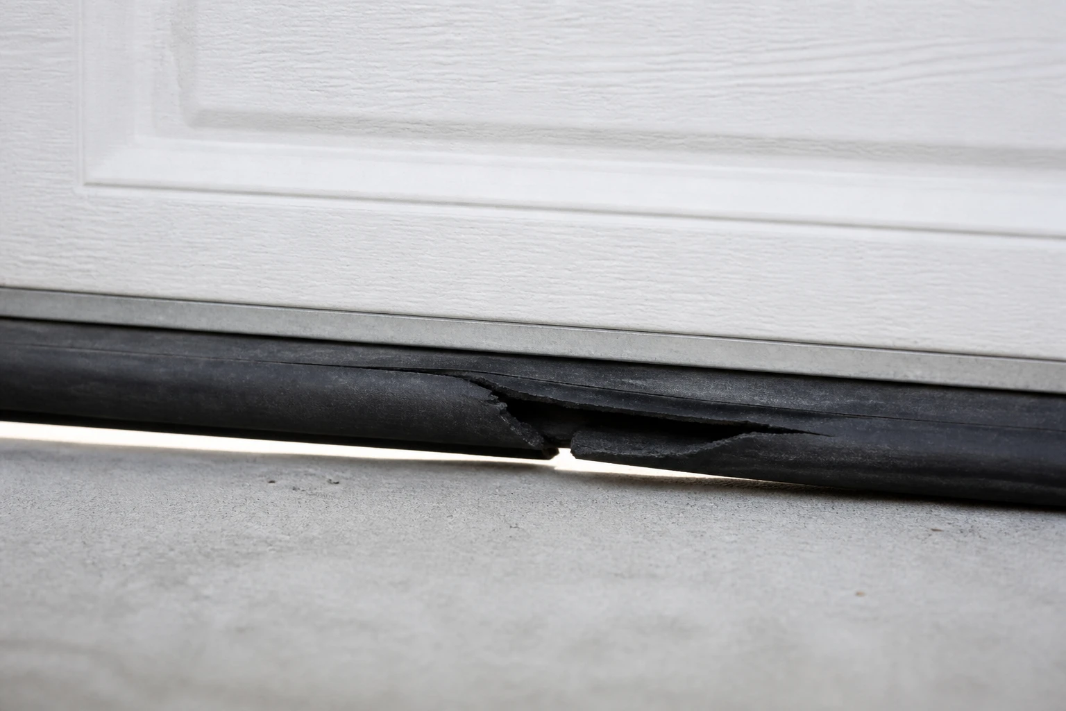 Split, brittle garage door bottom seal with daylight showing through
