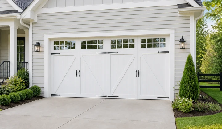 Finished white carriage-style replacement garage door