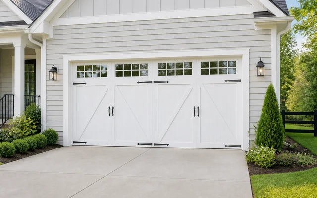 White carriage-style garage door with cross-buck panels and windows