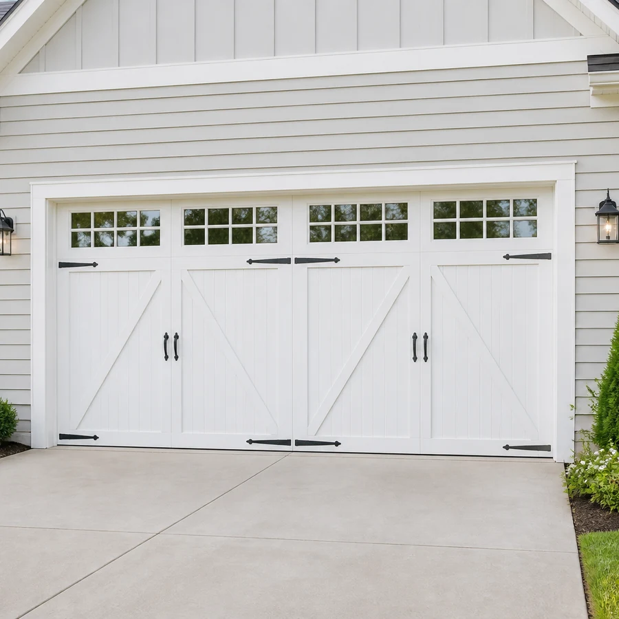Finished white carriage-style garage door on a Kentucky home
